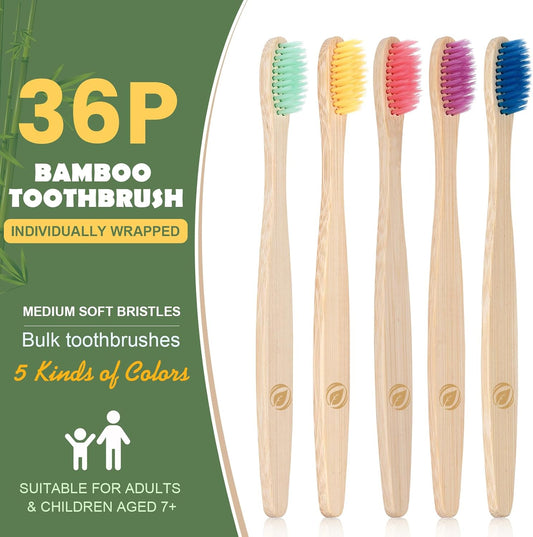 36 PCS Bamboo Toothbrushes, Kids Aged 7+ Toothbrush Pack, Eco-Friendly Natural Wooden Toothbrush Bulk, Individually Wrapped Bulk Toothbrushes，Bpa Free Medium Soft Bristles